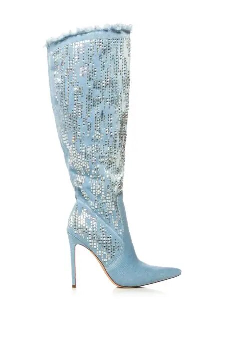 Light Blue Denim Knee High Boots