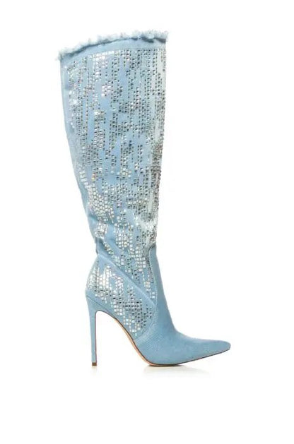 Light Blue Denim Knee High Boots