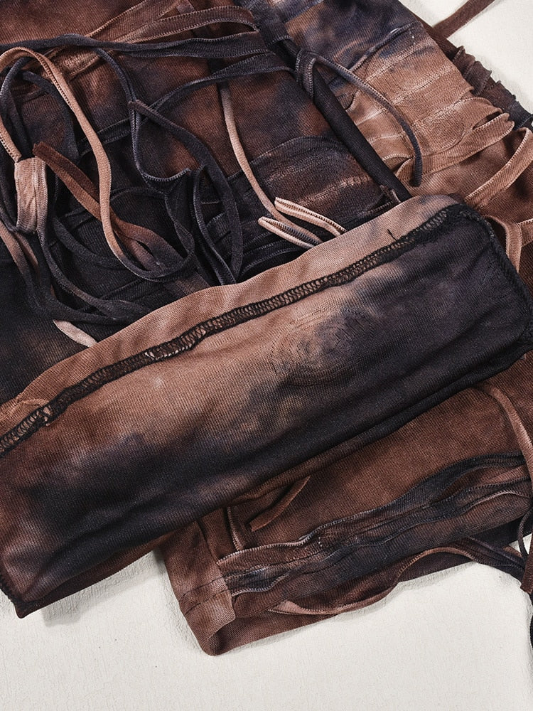 Fringe Lace-up Contract Color Slim Female Pants EMJP TRENDS