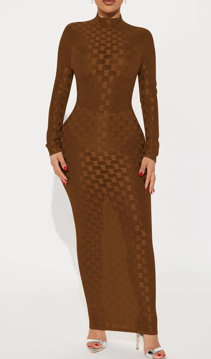 Mesh Plaid Sheath Long Dress