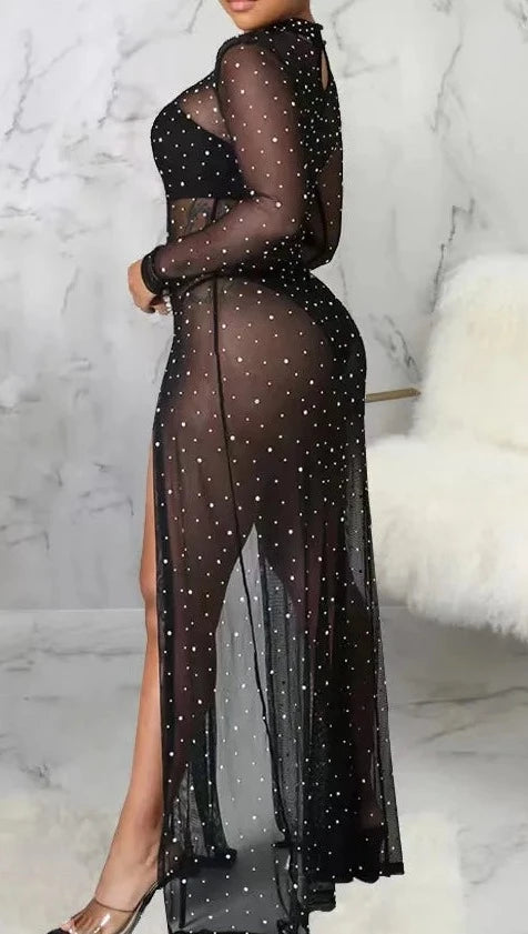 Solid Rhinestones O-neck  Maxi Dress