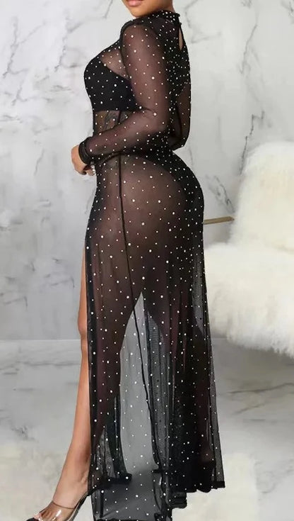 Solid Rhinestones O-neck  Maxi Dress