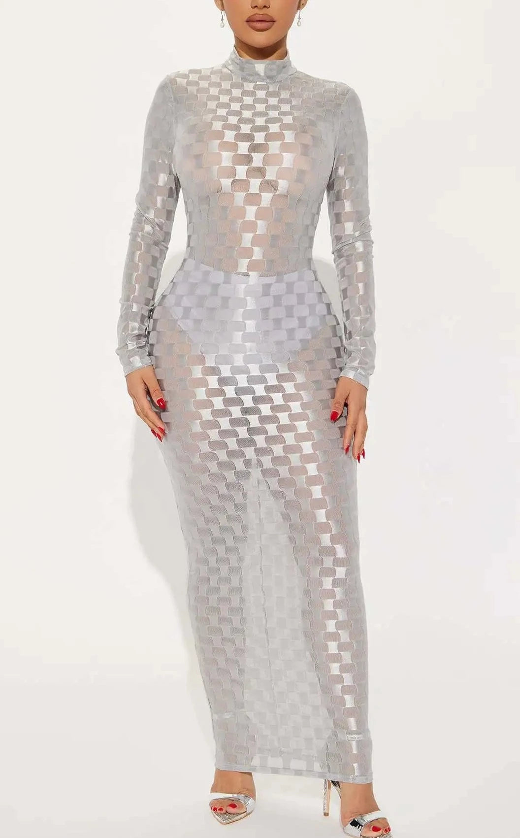 Mesh Plaid Sheath Long Dress