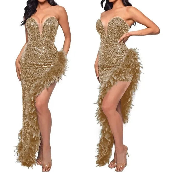 Off Shoulder Sequin Feather Dress