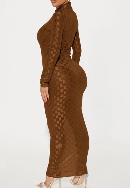 Mesh Plaid Sheath Long Dress
