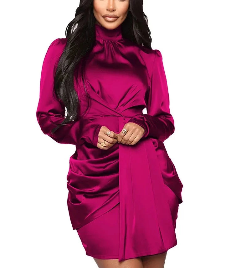 Turtleneck Short Satin Mini Dress