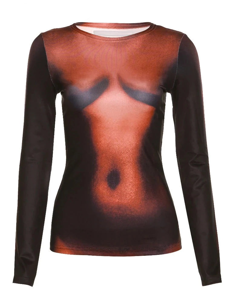 Round Neck Long Sleeve 3D Slim Tops EMJP TRENDS