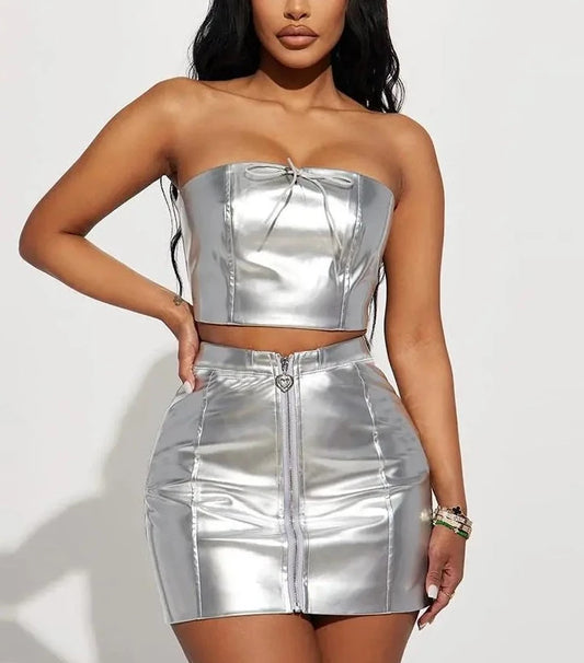Women's Stretch Pu Leather Chest Tank Tops Set