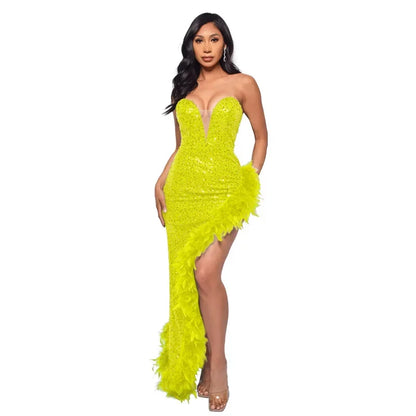 Off Shoulder Sequin Feather Dress