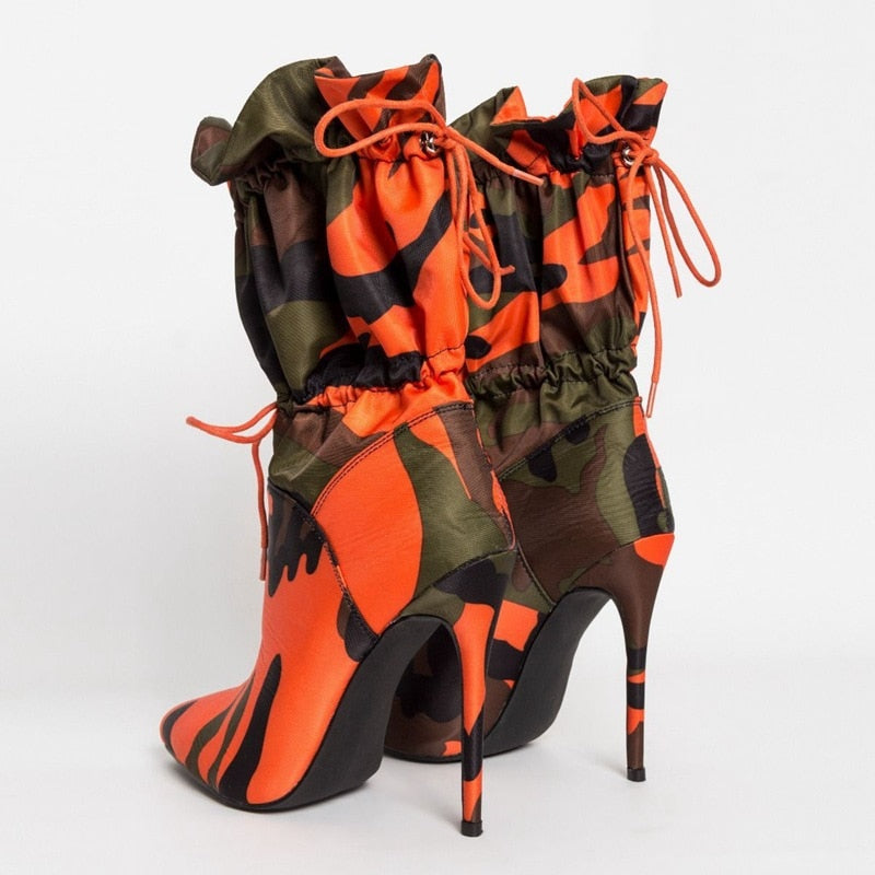 Lace Up Camouflage Print Calf Boots
