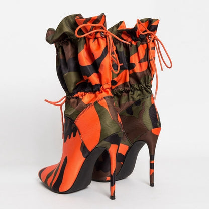 Lace Up Camouflage Print Calf Boots