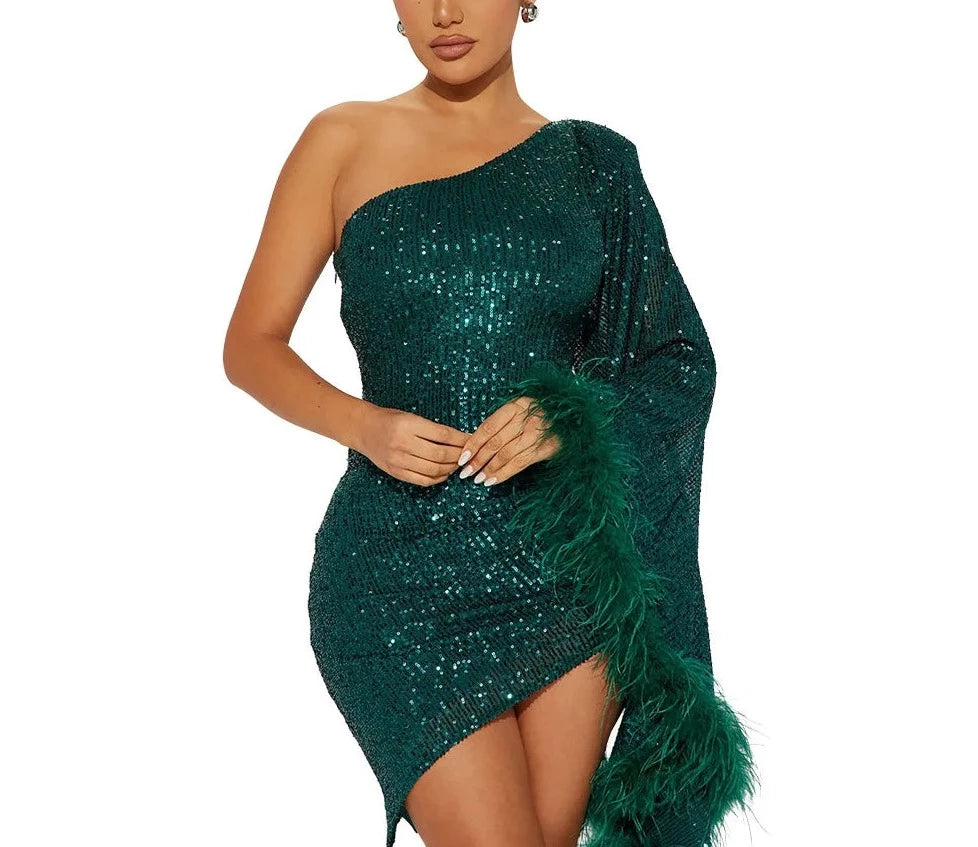 Tina Sequins One Cloak Sleeve Mini Dress