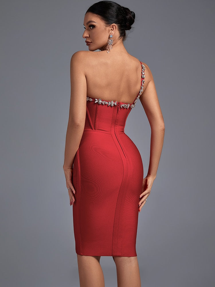 Nana Red Crystal Elegant Halter Neck Midi