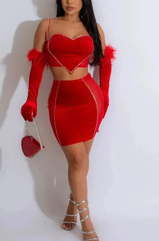 Women's Sequins Skirt Set Feather Dress