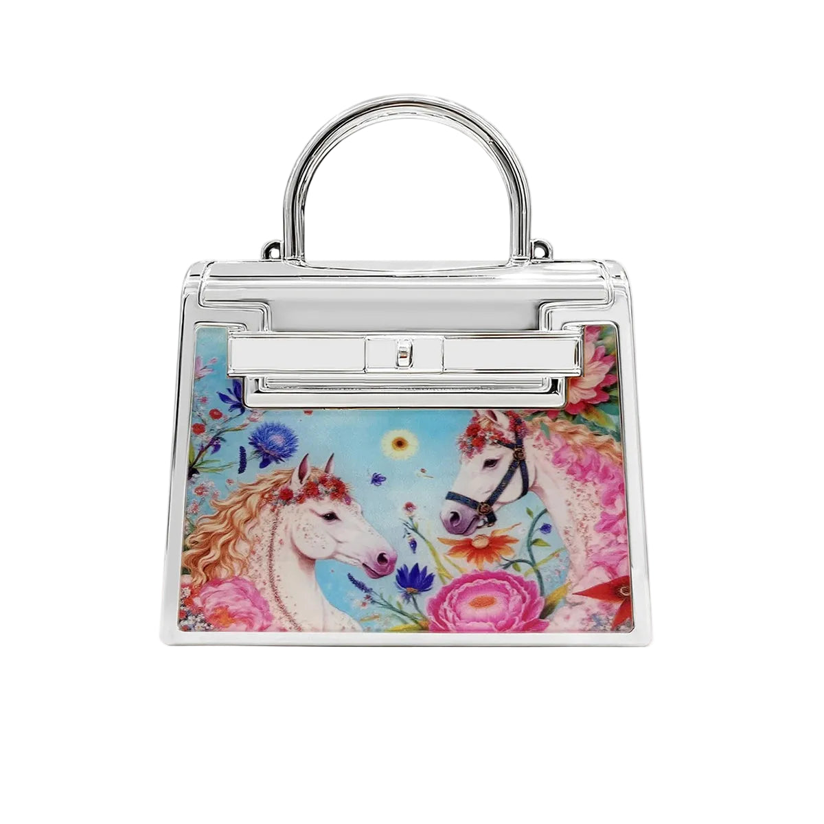 Handbag with unicorn and floral design on a white background