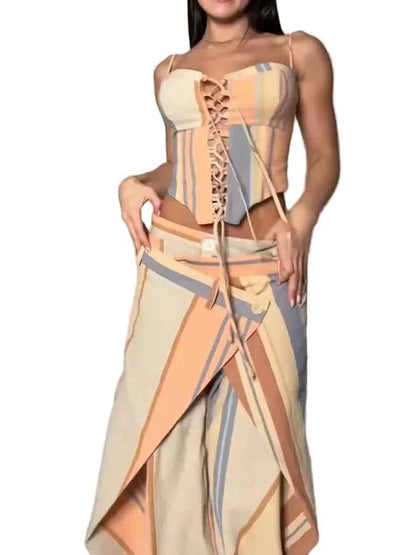 Patchwork Slash Top Pleated Trousers Set