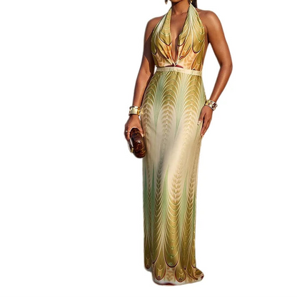 Woman wearing a gold and green patterned dress on a white background