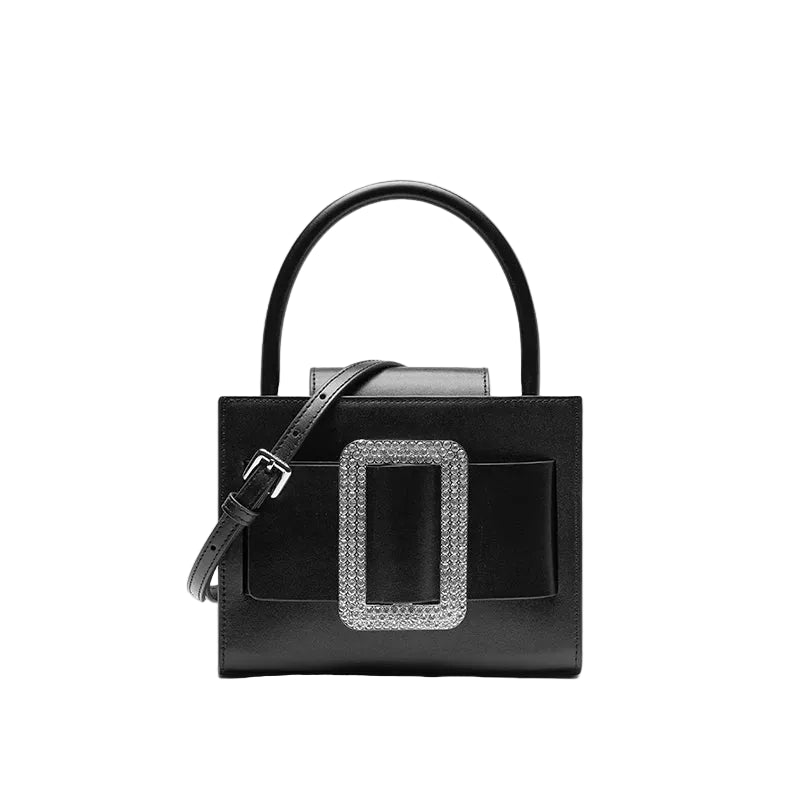 Black handbag with a decorative buckle on a light gray background, featuring the brand 'Bafelli'.