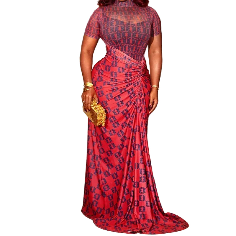 Woman in a red and blue patterned saree standing in a doorway.
