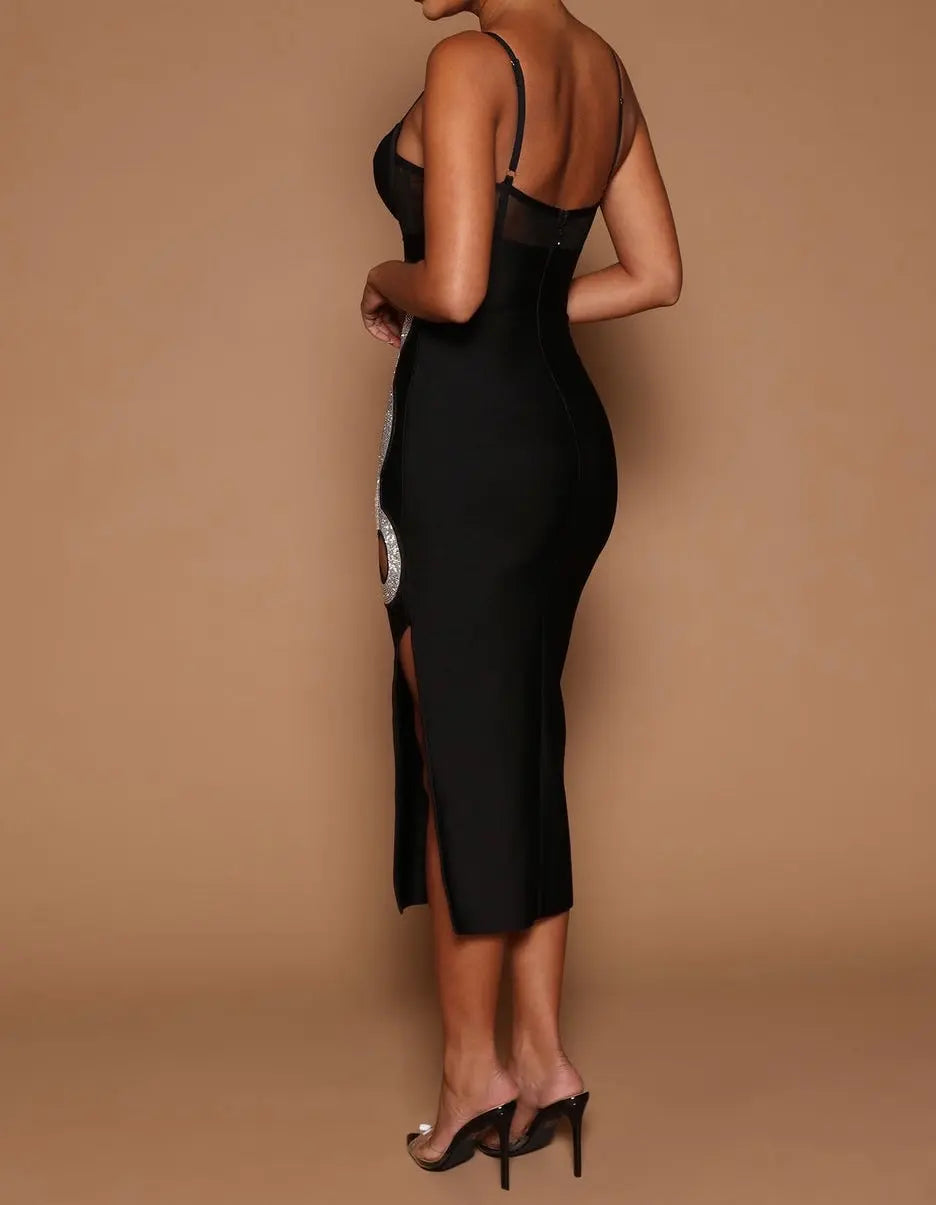 Elegant Midi Bodycon Dress- Black - Image #5
