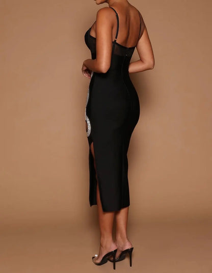 Elegant Midi Bodycon Dress- Black - Image #5