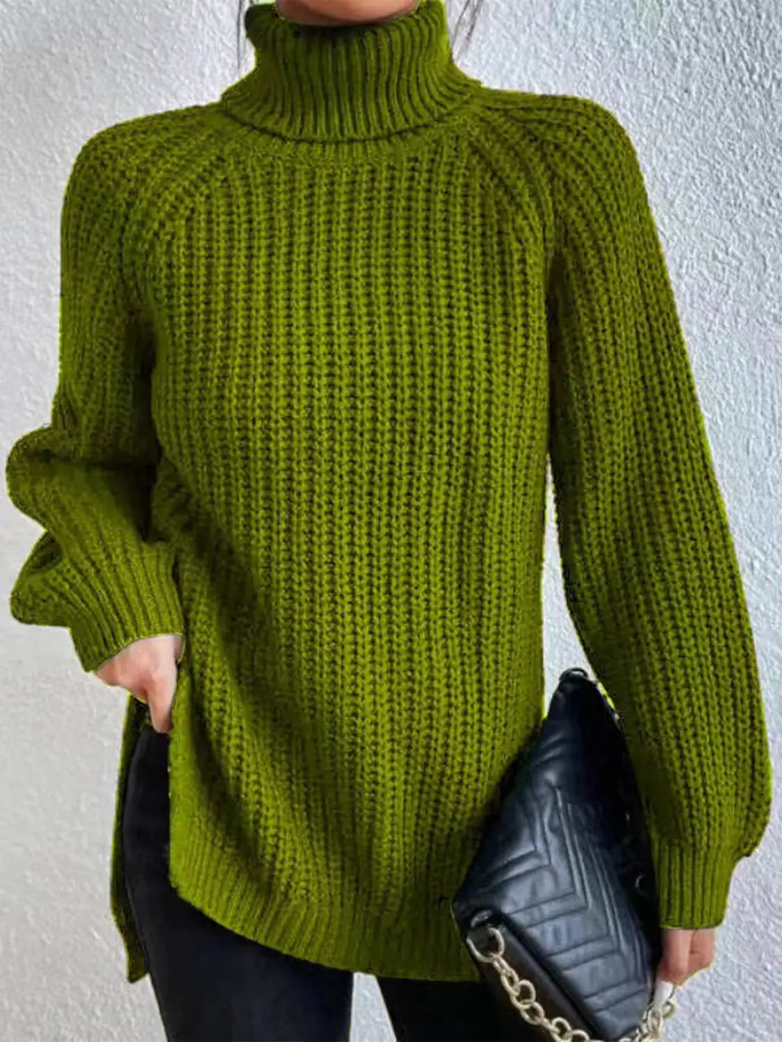 Full Size Turtleneck Rib-Knit Slit Sweater - Image #22