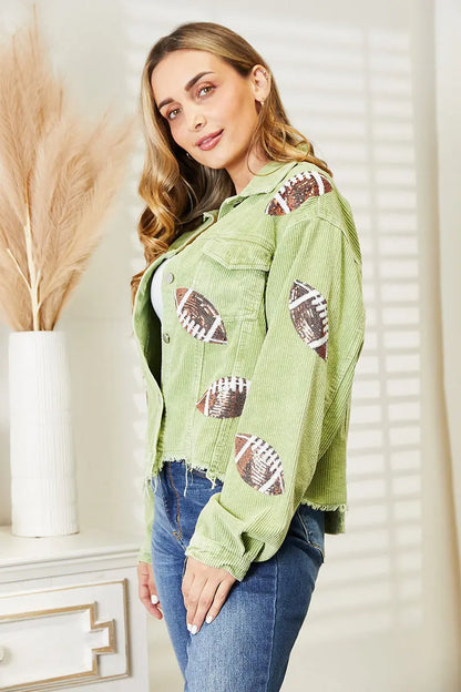 Sequin Football Patch Raw Hem Shacket - Image #6