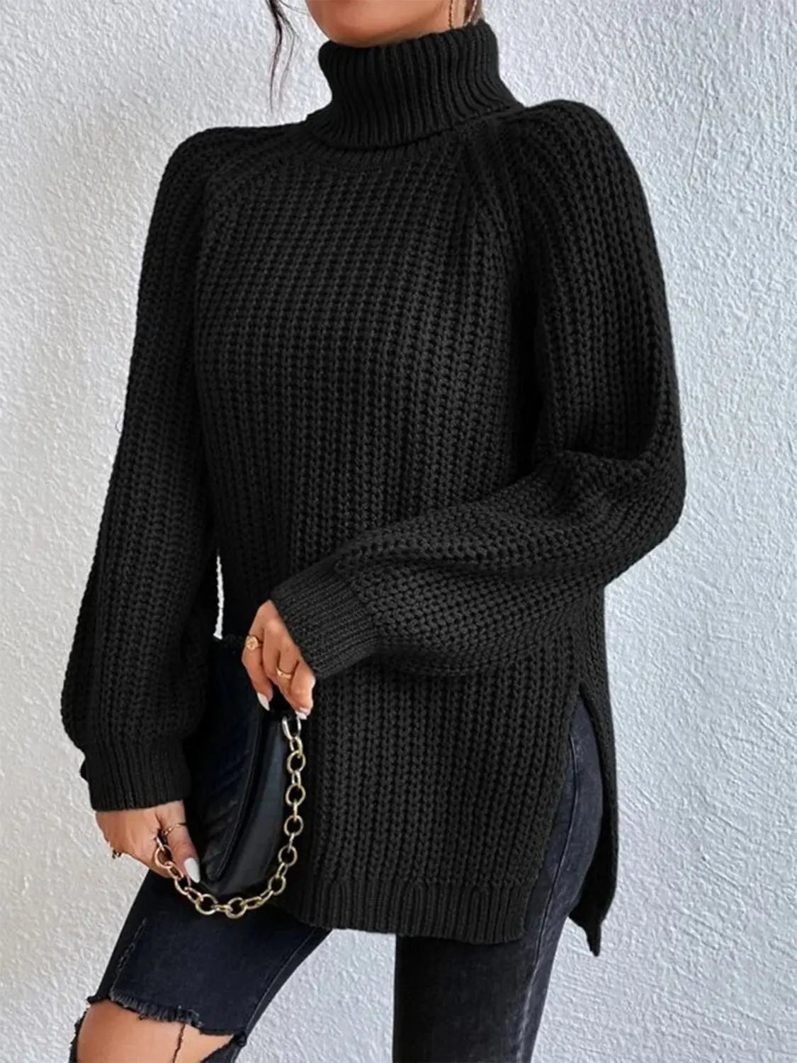Full Size Turtleneck Rib-Knit Slit Sweater - Image #8