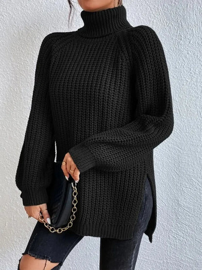 Full Size Turtleneck Rib-Knit Slit Sweater - Image #8