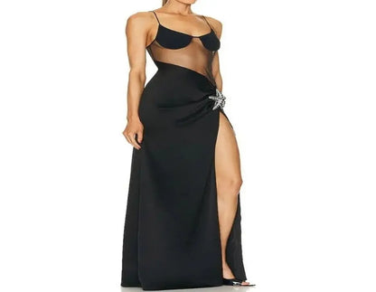 Mesh Splice Tight Fit High Split Long Dress - Image #4