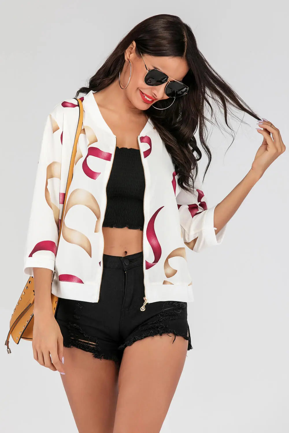 Printed Zip-Up Three-Quarter Sleeve Bomber Jacket - Image #8