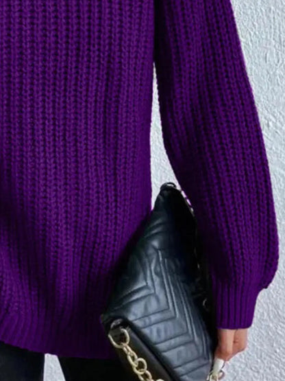 Full Size Turtleneck Rib-Knit Slit Sweater - Image #18