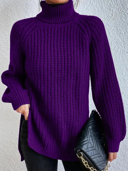 Full Size Turtleneck Rib-Knit Slit Sweater - Image #16