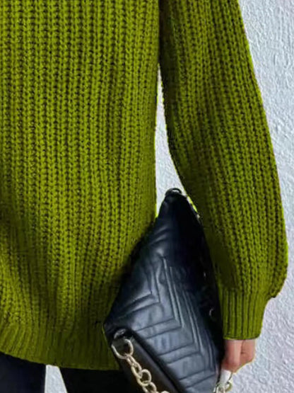 Full Size Turtleneck Rib-Knit Slit Sweater - Image #24
