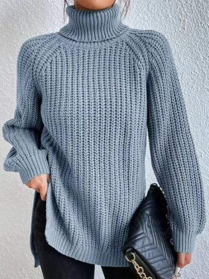 Full Size Turtleneck Rib-Knit Slit Sweater - Image #25