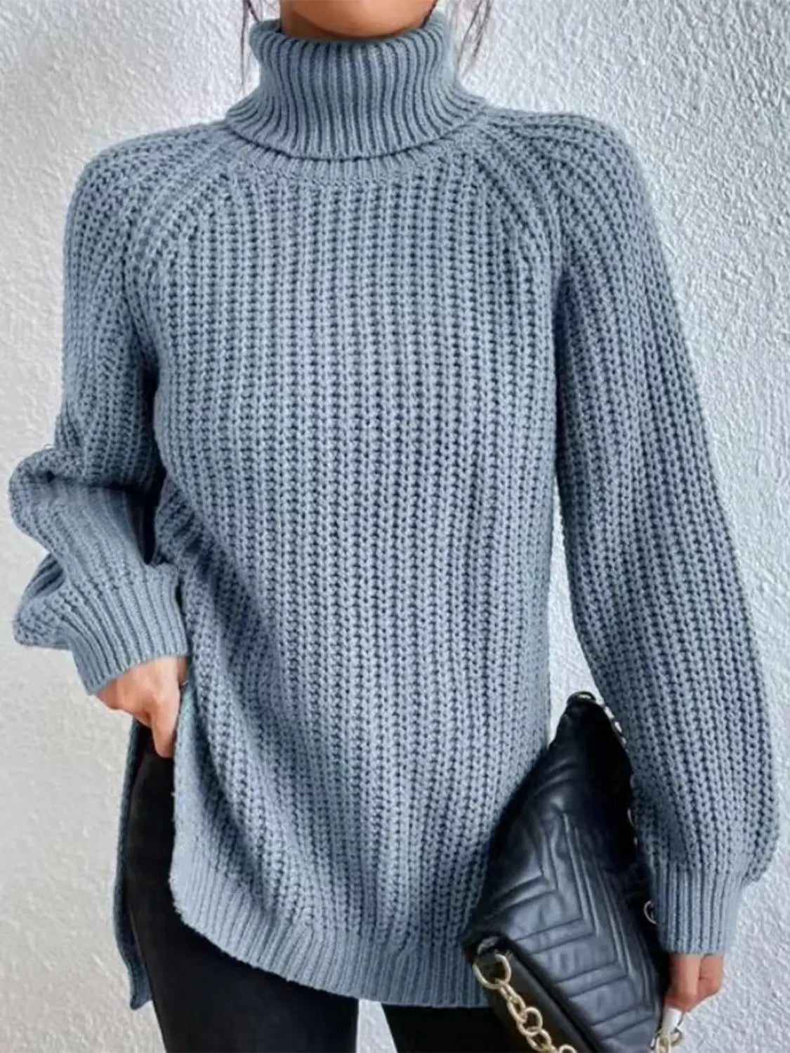 Full Size Turtleneck Rib-Knit Slit Sweater - Image #25