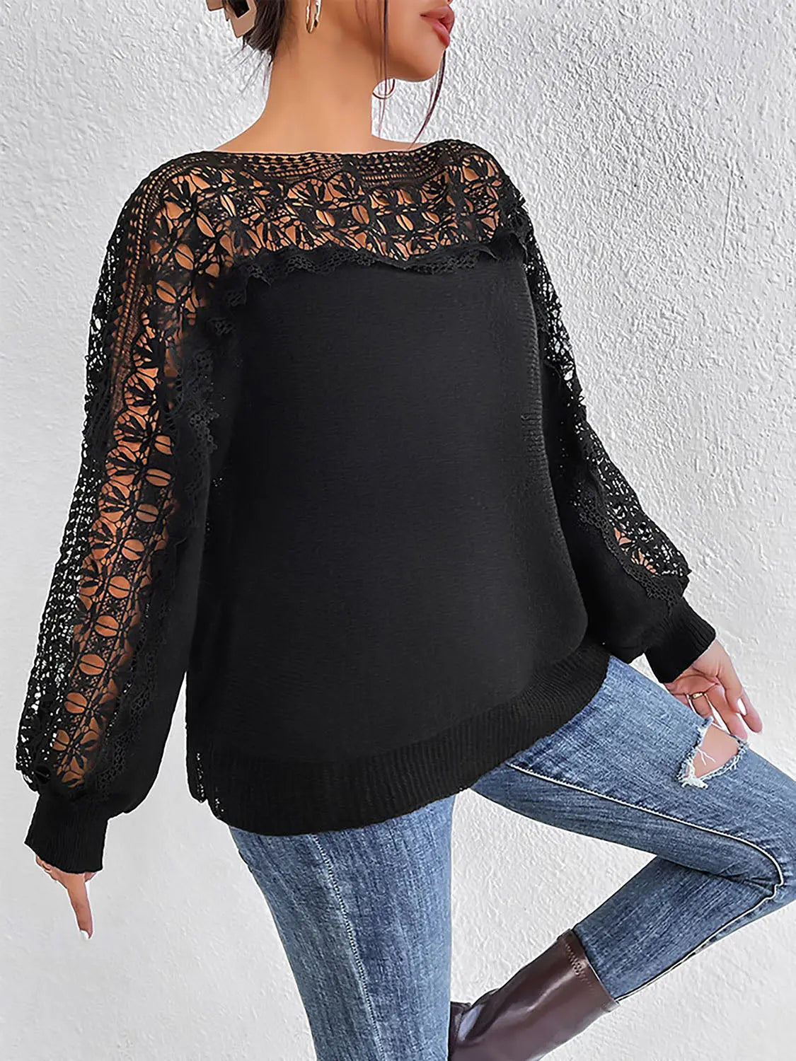 Lace Trim Boat Neck Knit Top - Image #3