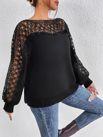 Lace Trim Boat Neck Knit Top - Image #3
