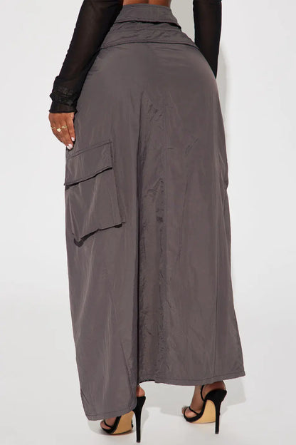Over The Edge Nylon Cargo Long Skirt-Charcoal - Image #3