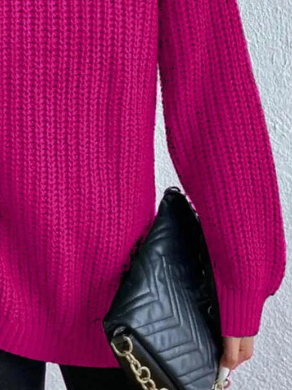 Full Size Turtleneck Rib-Knit Slit Sweater - Image #15
