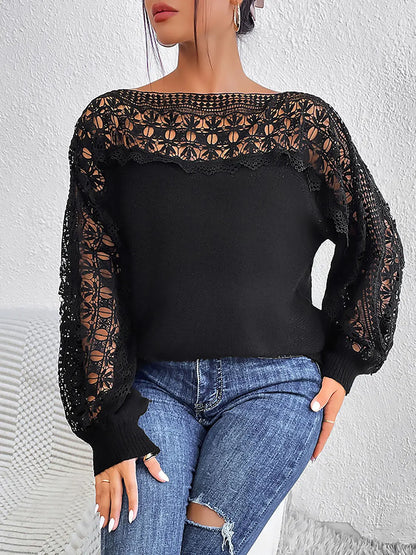Lace Trim Boat Neck Knit Top - Image #4