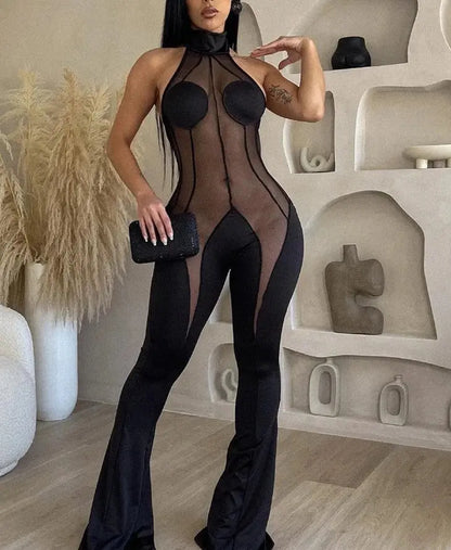 Nude Mesh Patchwork Skinny Jumpsuit - Image #2