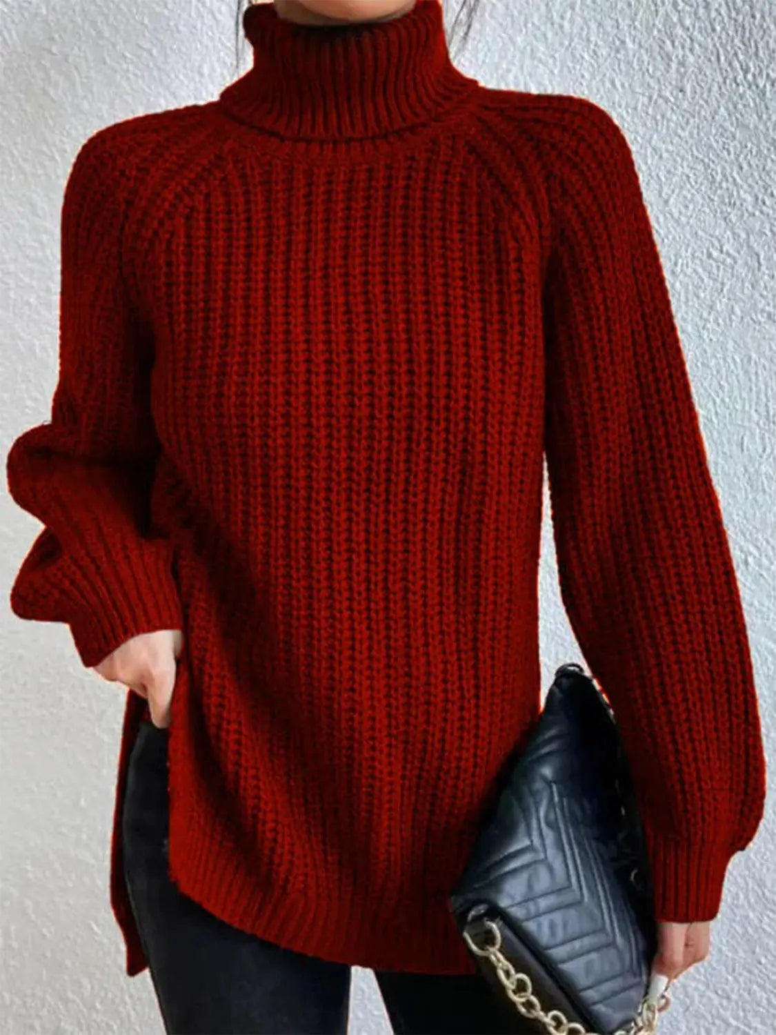 Full Size Turtleneck Rib-Knit Slit Sweater - Image #10