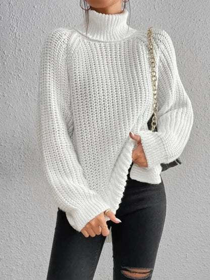 Full Size Turtleneck Rib-Knit Slit Sweater - Image #4