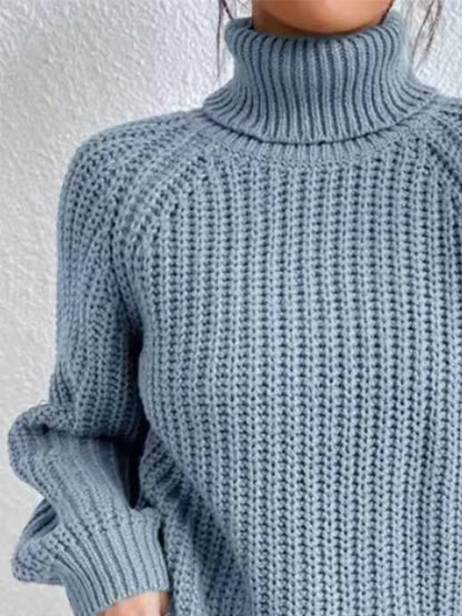 Full Size Turtleneck Rib-Knit Slit Sweater - Image #84