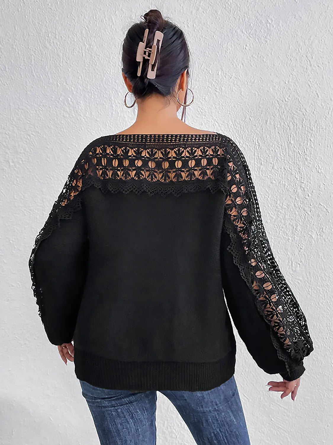 Lace Trim Boat Neck Knit Top - Image #2
