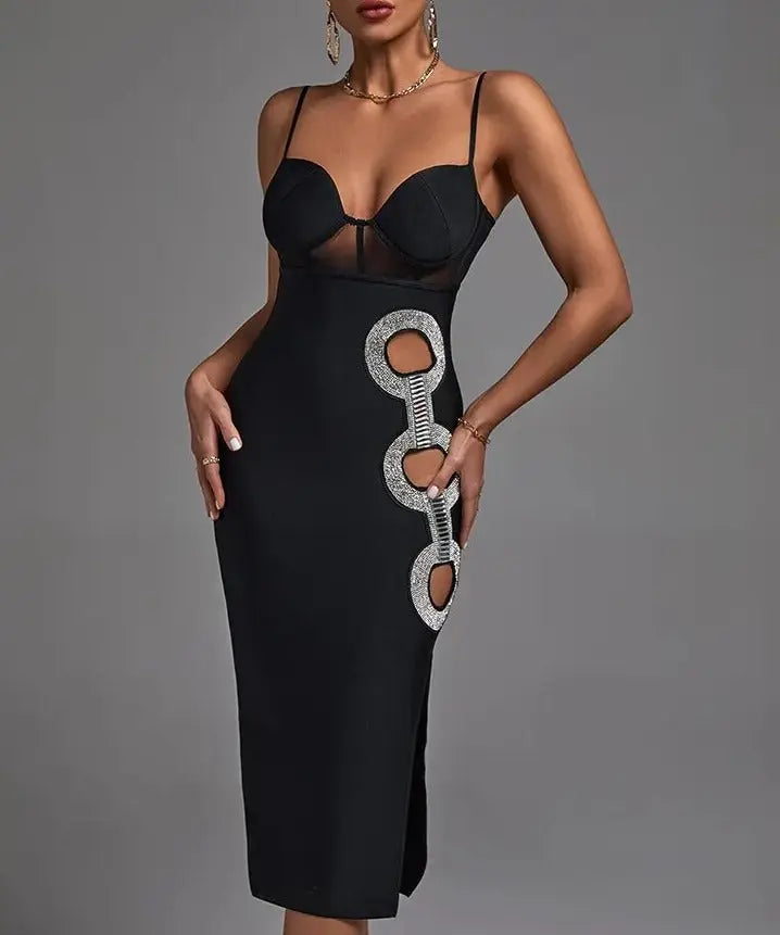 Elegant Midi Bodycon Dress- Black - Image #9