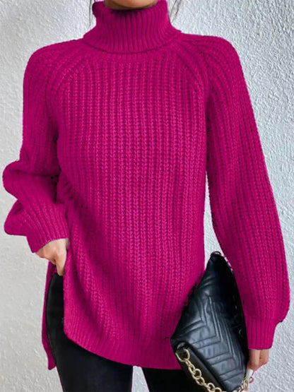 Full Size Turtleneck Rib-Knit Slit Sweater - Image #13