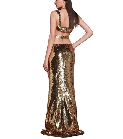 Hottie Gold Sexy Two Piece Set for Women Short Top Sequin Long Dress - Image #2