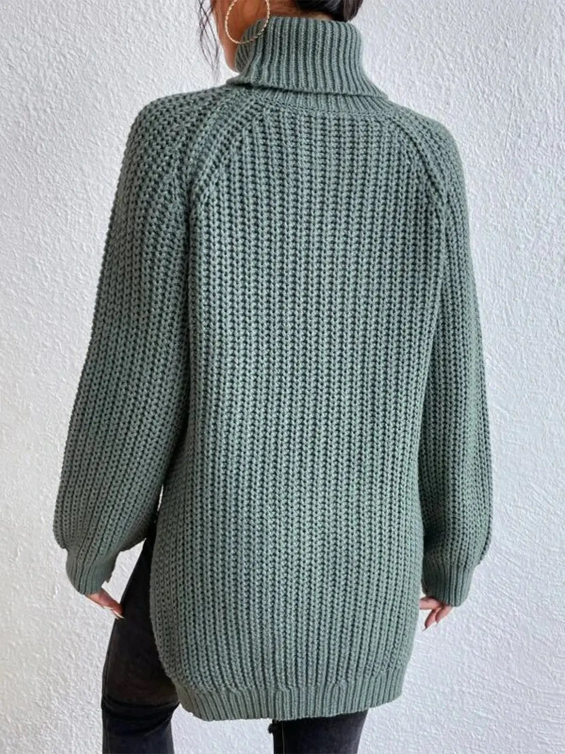 Full Size Turtleneck Rib-Knit Slit Sweater - Image #3